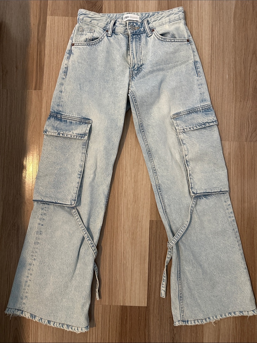 Zara Light Blue Cargo Flare Jeans with Straps